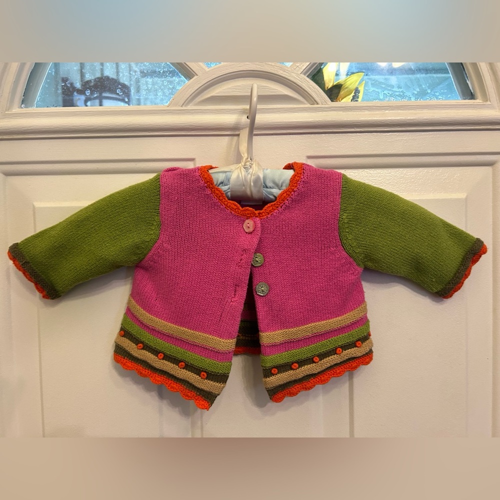 3/$30✨🌈Vintage PLEASE MUM Vancouver Vibrant Boho Knit Baby Cardigan ~ 3 month